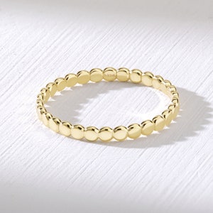 Solid Gold Bead Flat Circle Wedding Band, 10K 14K 18K Dainty Dotted Everyday Ring