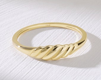 14k Gold Croissant Twist Ring Gift for Her, Real Solid 18k Gold Unique Dainty Gold Twisted Croissant Band Ring, Cute Handmade Fine Jewelry