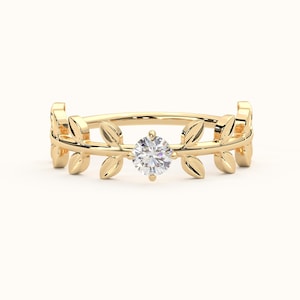 14ct Gold Dainty Olive Leaf Stacking Ring, Delicate Round CZ Nature Inspired Gold Band