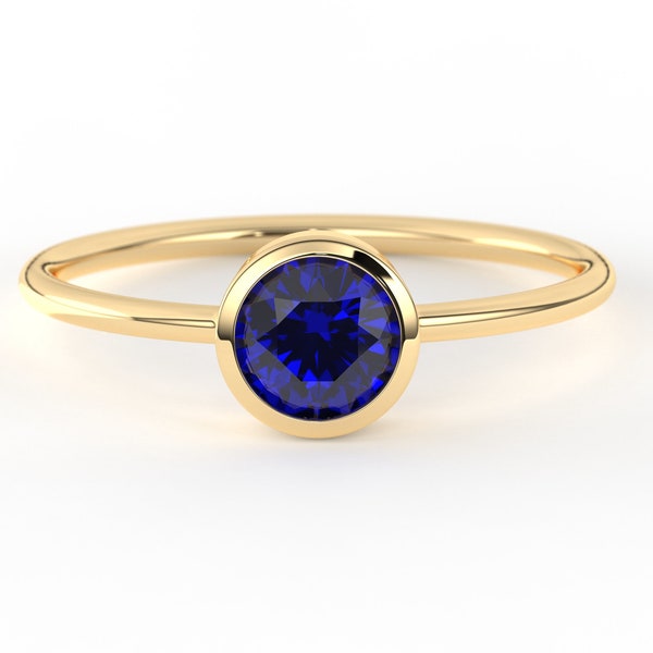 14K Gold Sapphire Diamond Ring Thanksgiving Love Gift for Her, Solid Gold Bezel Sapphire Minimalist Solitaire Birthstone Personalized Ring