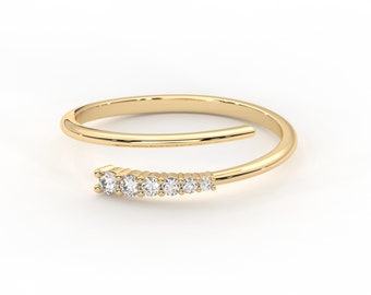 Gold Spiral Open Ring, Middle Finger Ring, 10K 14K 18K Gold Cuff Ring, Simulant Diamond Wrap Ring, Knuckle Cuff Band, Multi Layer Ring Women