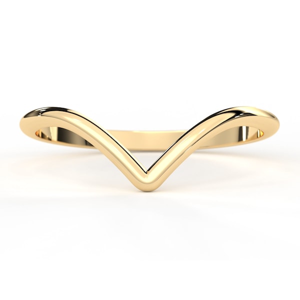 V Ring 14k Solid Yellow Gold Stack Band Ring, 18K Gold Minimalist Ring Chevron Contoured Whisbone Curved Stacking Ring Stylish Fine Jewelry