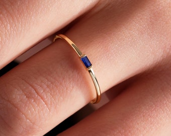 Sapphire Baguette Personalized Birthstone Ring Dainty 14K Solid Gold Gemstone Ring Solitaire CZ Diamond Stacking Jewelry Birthday Gift Her