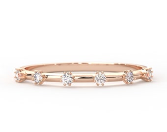 Dainty Diamond Half Eternity Unique Bridal Ring, 14K 18K Solid Gold Distance Round Cut Minimal Stacking Wedding Band, Anniversary Gift Ring