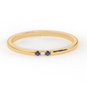 Minimalist Sapphire 3 Stone 14K Gold Birthday Ring, Small Birthstone Ring Sister, Comfort Fit Stackable Band, Solid Gold Thin Stacking Band