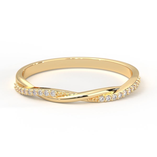 Solid Gold Petite Twist Ring, Thin 14K Gold Diamond Half Eternity Vine Stacking Ring, Dainty Wedding Band, Anniversary Wife Girlfriend Gift
