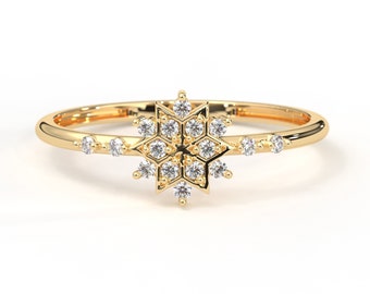 14K Solid Gold Snowflake Ring, Dainty CZ Diamond Christmas Gift Daughter, Unique Artful Jewelry
