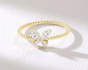 Real Gold Butterfly Ring, 18k Gold Minimalist CZ Diamond Ring, Fashion Nature Lover Dainty Rope Band, Whimsical Animal Ring