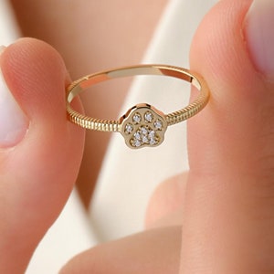 Paw Diamond Ring - Solid Gold CZ Stone Pet Paw Ring, Minimalist Dog Paw Ring