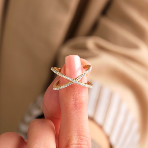 14k Gold Cross Ring Solid Gold Diamond Criss Cross Ring Gold X 
