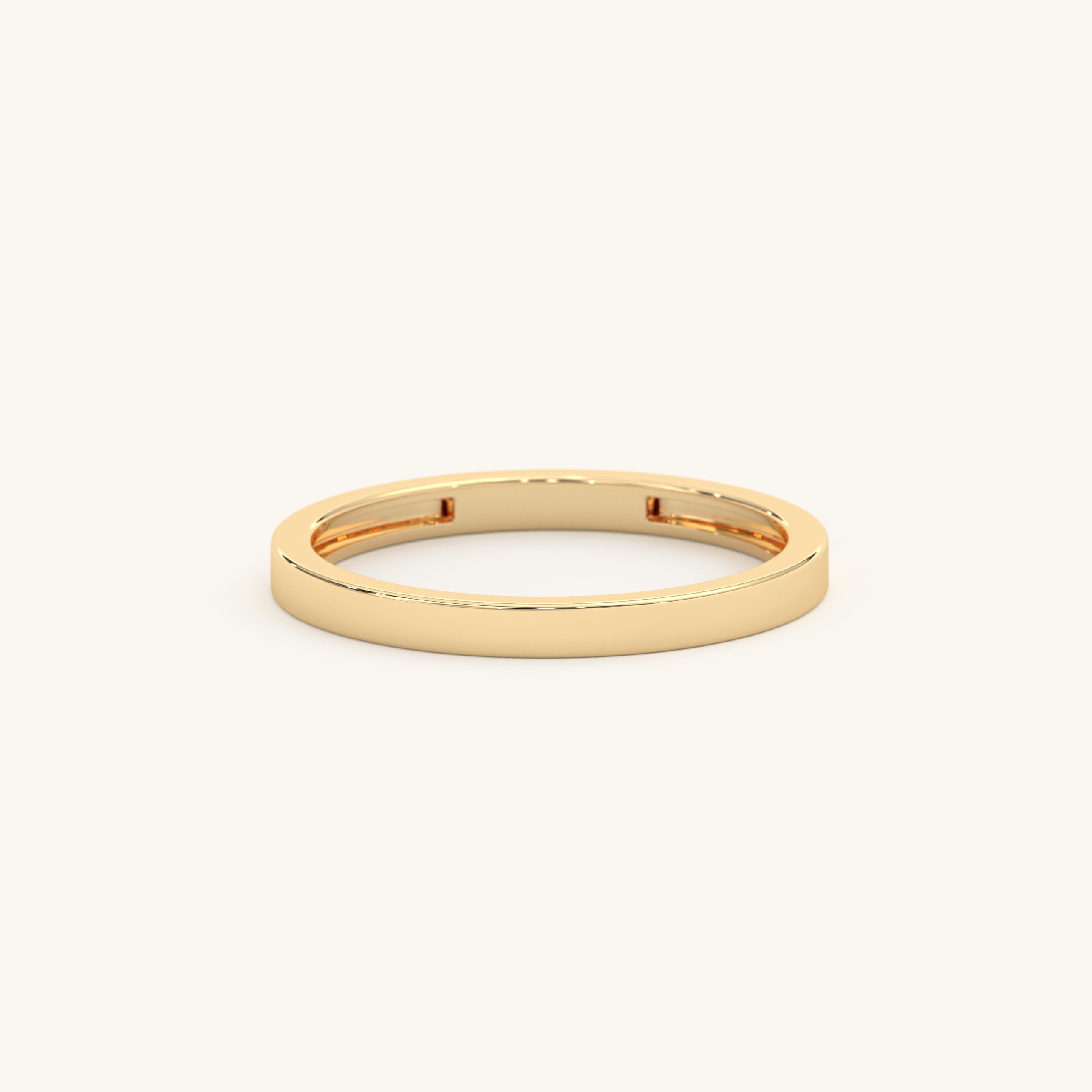 18K Solid Gold Flat Wedding Band - Dainty Engravable Plain Gold Ring Women, High Polish