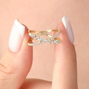 Criss Cross Diamond Ring 14K Gold X Crossover Band Ring Solid Gold X Crossed Diamond Ring Criss Cross Diamond X Ring Statement Jewelry Gift