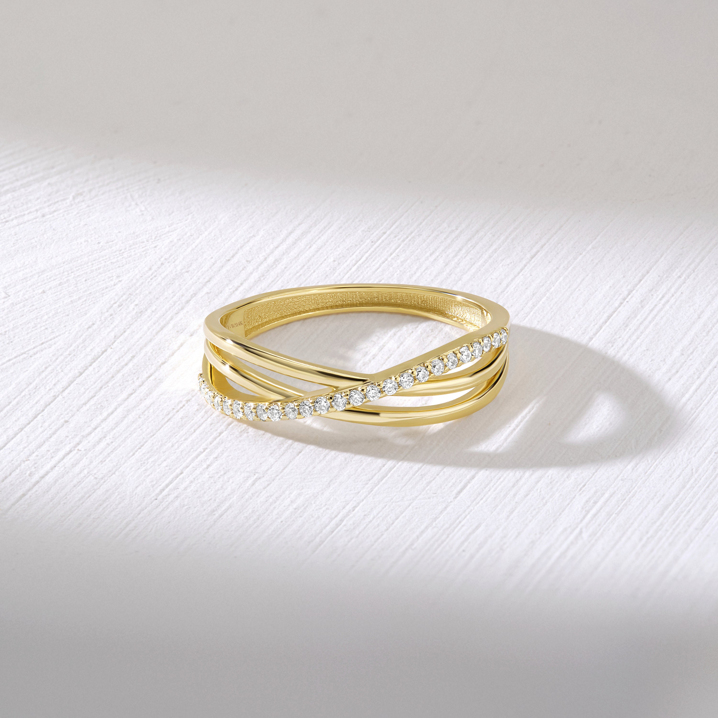 Crossover Triple Ring 14K Gold Pave Diamond Ring Gold Triple Stacking ...