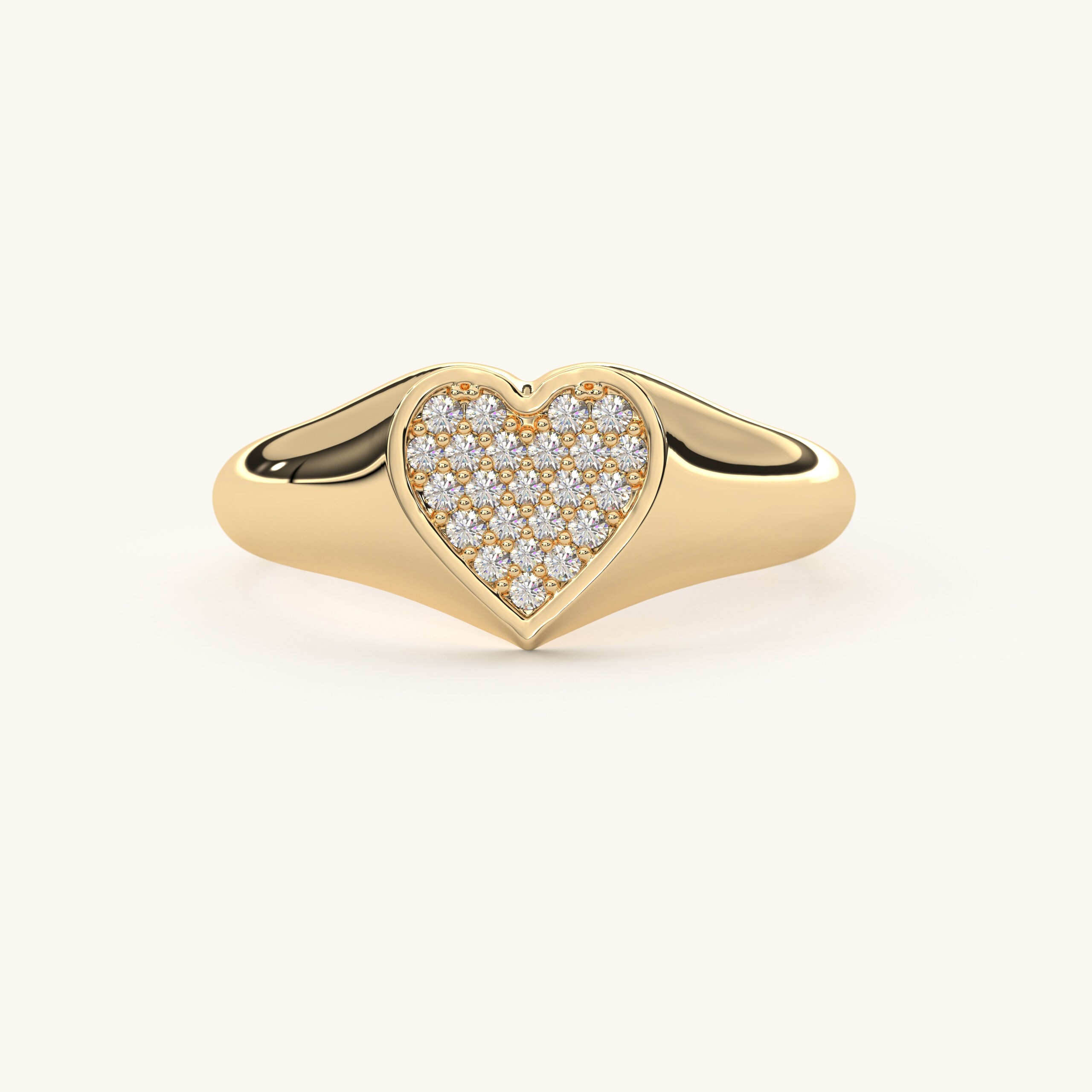 Solid Gold Diamond Heart Ring 14k Gold Pave Diamond Signet Ring