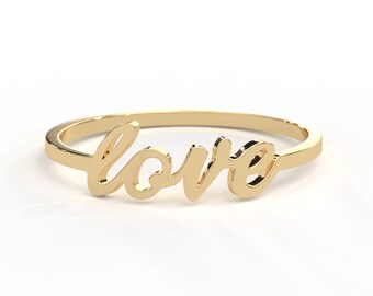 Love Letter Ring in 14K Real Gold, Dainty Love Ring, Valentine Ring Gift, Thin Gold Cursive Lovely Ring, I Love You Ring, Christmas Gift Her