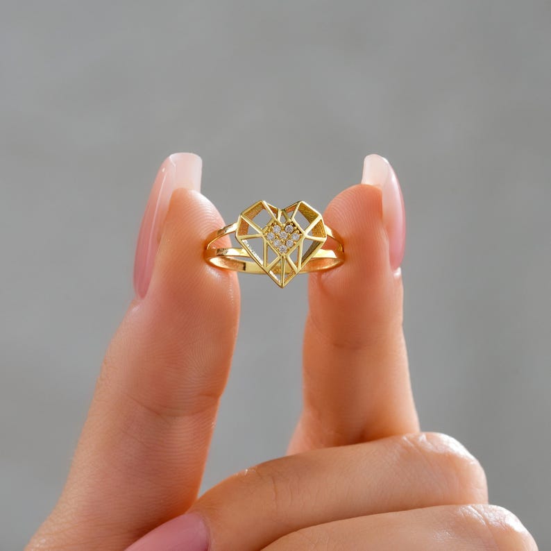14k gold diamond geometric open heart ring
