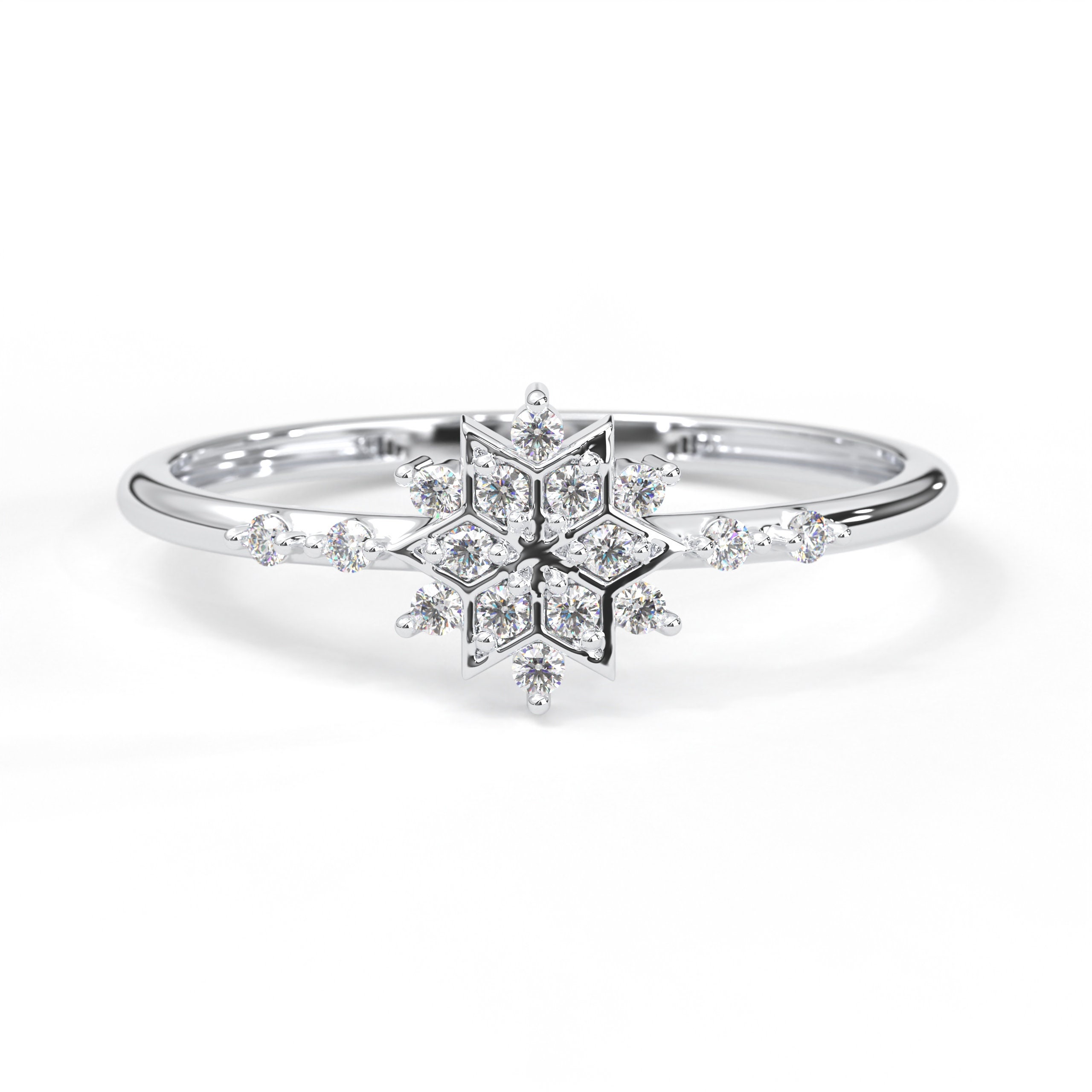 Snowfall Ring 14K Solid Gold Snowflake Christmas Ring, Dainty Diamond Unique Artful ...