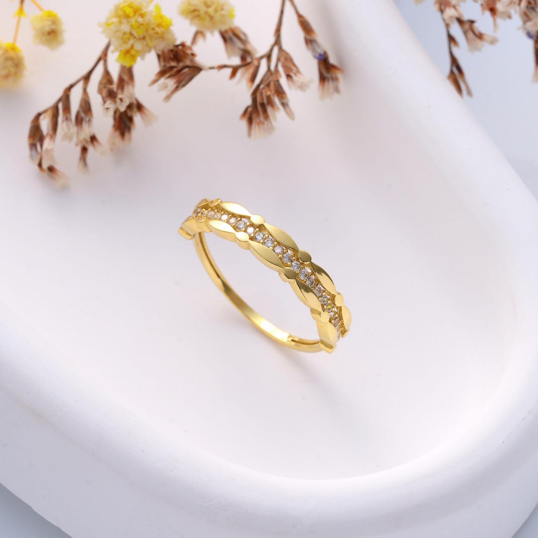 Unique Half Eternity Wedding Band: Dainty 14K Gold Pave CZ Diamond Ring ...