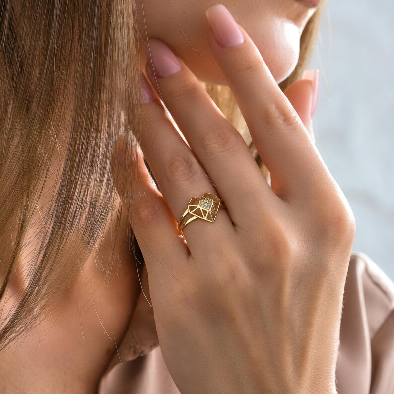 solid gold heart diamond ring cut out geometric band