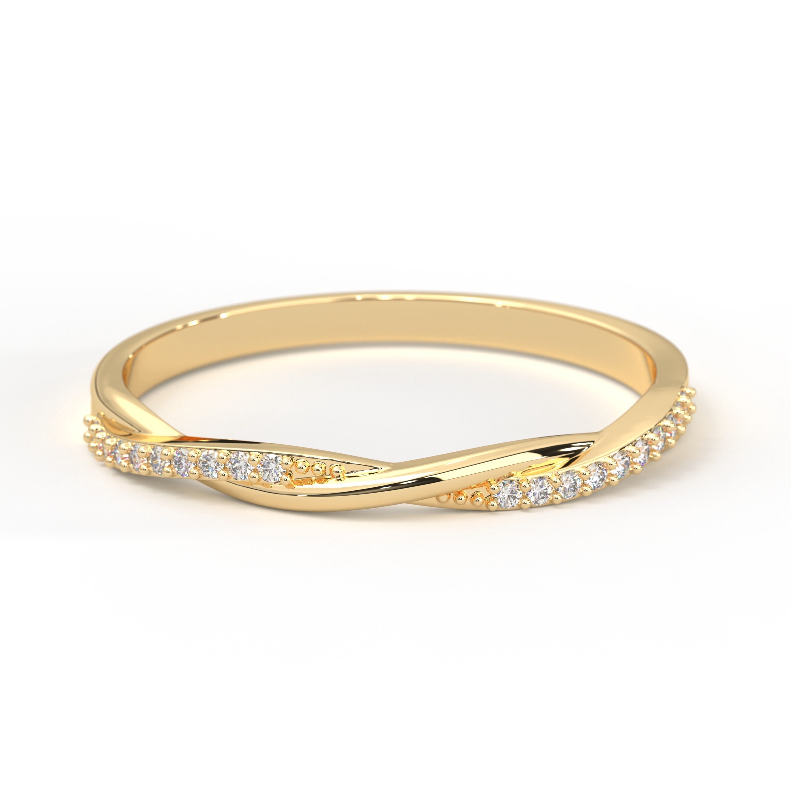 Solid Gold Petite Twist Ring, Thin 14K Gold Diamond Half Eternity Vine Stacking Ring, Dainty Wedding Band, Anniversary Wife Girlfriend Gift