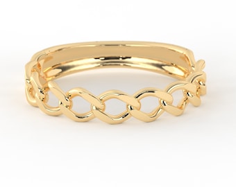 18K Solid Gold Chain Ring Christmas Gift for Her, 14K Real Gold Dainty Curb Chain Ring, Minimalist Chain Gold Ring Jewelry Gift For Women