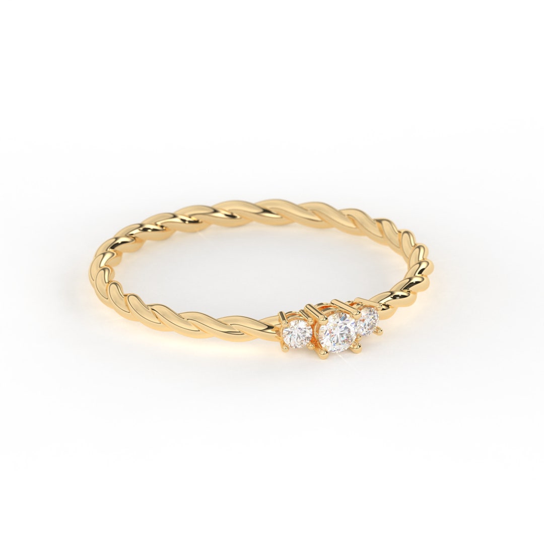 14ct Gold Twisted Rope Band Three Stone Ring | Dainty Round Cut CZ ...