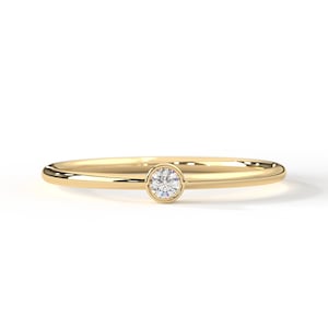 Minimalist Real Gold Birthstone Ring, Solitaire Diamond Bezel Ring, Dainty Round CZ Diamond Ring, Thin Stacking Band, Custom Birthday Gift