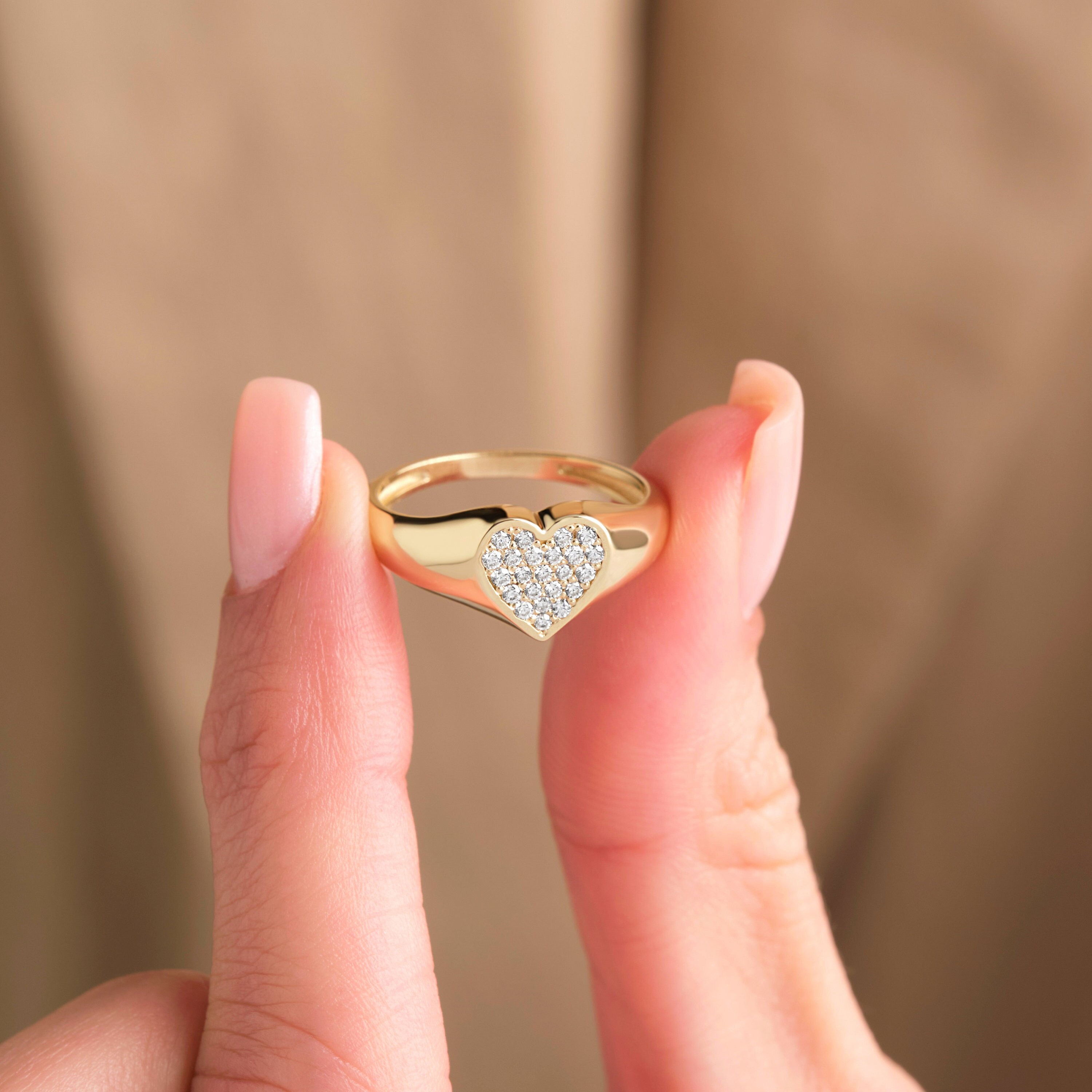 Solid Gold Diamond Heart Ring 14k Gold Pave Diamond Signet Ring