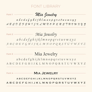 May include: A graphic showing four different font styles for the text "Mia Jewelry". The fonts range from a casual script to a bold, all-caps style.
