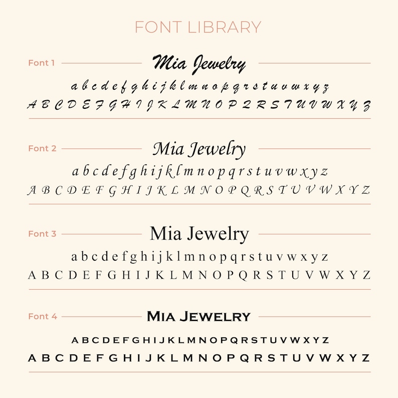 May include: A graphic showing four different font styles for the text "Mia Jewelry". The fonts range from a casual script to a bold, all-caps style.