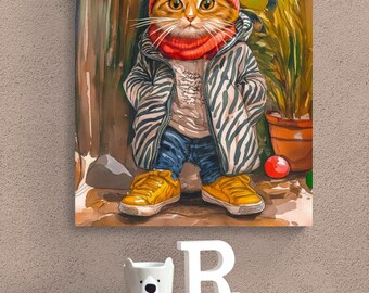 Lámina artística de acuarela con un gato caprichoso, elegante lienzo felino, decoración para la habitación de los niños