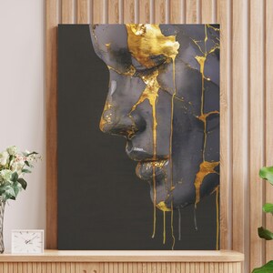 Luxe Kintsugi-canvaskunst, zwarte en gouden verf druipend portret, sentimentele muurkunst, therapiekamer decor, moderne art-deco canvasafdruk