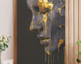 Kintsugi Canvas Art, Gold Dripping Portrait, Modern Art Deco Print