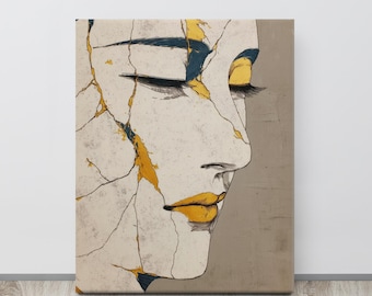 Kintsugi Woman Canvas Print, Beige Gold Portrait, Wabi-Sabi Wall Art