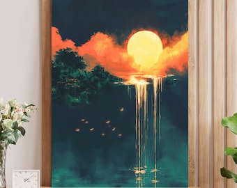 Surreal Sunset Waterfall Canvas Print, Moody Fantasy Wall Art