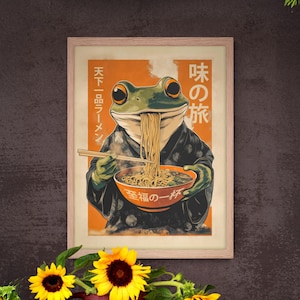 Póster de ramen de rana de colores con diseño de Mate mejorado para ambientes de cocina retro, póster de papel con diseño de Mate mejorado