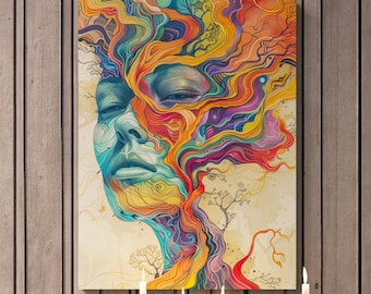Vibrant Abstract Face Canvas Print, Surrealism Art Decor