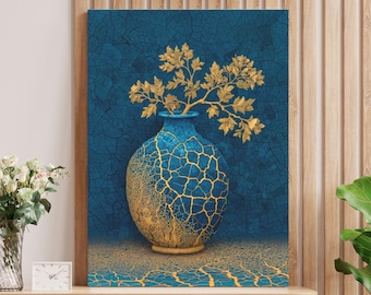 Kintsugi Wall Art Canvas, Japanese Still Life, Gold Blue Vase Artwork, Wabi Sabi Decor
