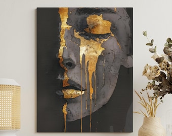 Kintsugi Portrait Leinwandkunst: Goldfarbe tropfend, stimmungsvolle Wanddekoration