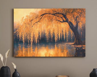 Golden Weeping Willow Canvas Print, Impressionist Autumn Tree Art