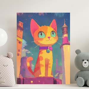 Cute Cat Watching Fireworks, Orange Kitty Cat Print for Kids Room Wall Art, Playroom Decor & Toddler Room, Vibrant Animal Wall Art