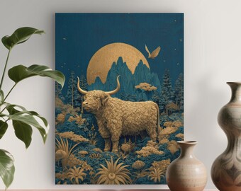 Golden Highland Cow Canvas Print, Nature Wall Art, Unframed Canvas, Modern Rustic Decor