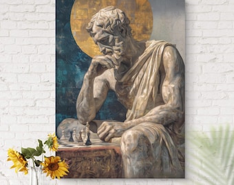 Greek Statue Chess Canvas, Dark Academia Office Wall Art