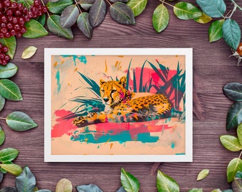 Impression d'art encadrée de guépard | Style aquarelle expressionniste abstrait