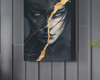 Split Face Canvas Art, Kintsugi Gold Crack Portrait Print, Dark Fantasy Gothic Wall Decor