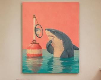 Funny Bathroom Wall Art, Shark Brushing Teeth Canvas Print, Kids Bathroom Decor