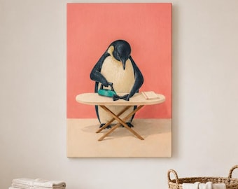 Penguin Ironing Canvas, Whimsical Laundry Room Wall Art