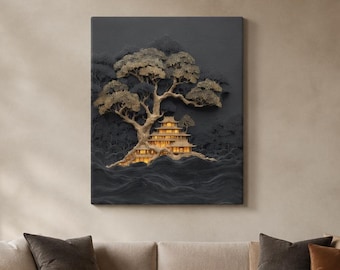 Tree of Life Temple Canvas, Gold and Charcoal Wall Art