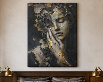 Broken Stone Face Canvas, Gold Kintsugi Sculpture Wall Art