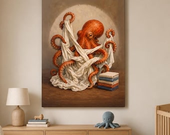 Octopus Folding Laundry Canvas, Vintage Sepia Utility Room Wall Art